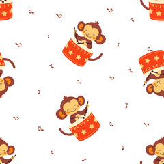 Seamless vector pattern. Cute monkey playing a drum. . Vector illustration