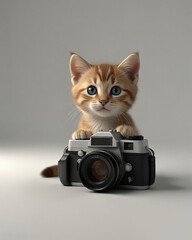 Ginger kitten sitting with camera