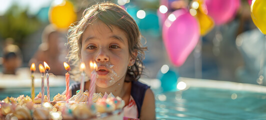 A child blowing out candles on a birthday cake by the pool, surrounded by friends at a pool party
