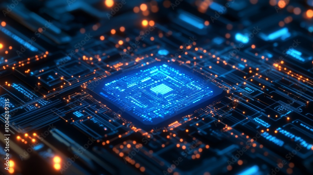 Aufkleber a vibrant close-up of a circuit board featuring a glowing blue microchip surrounded by intricate ele