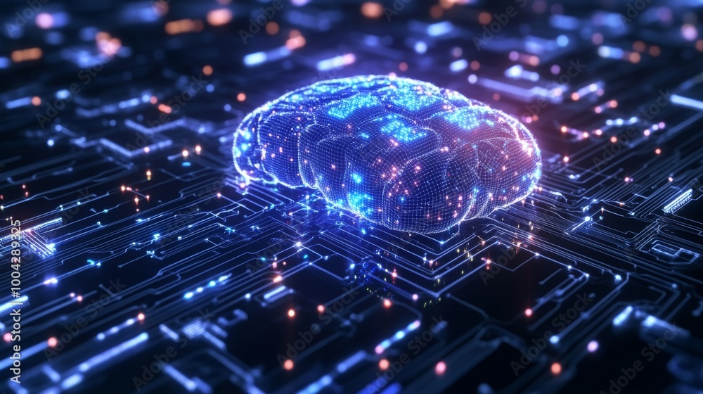 Fototapete A futuristic digital representation of a brain hovering over a circuit board, symbolizing artificial intelligence and advanced technology.