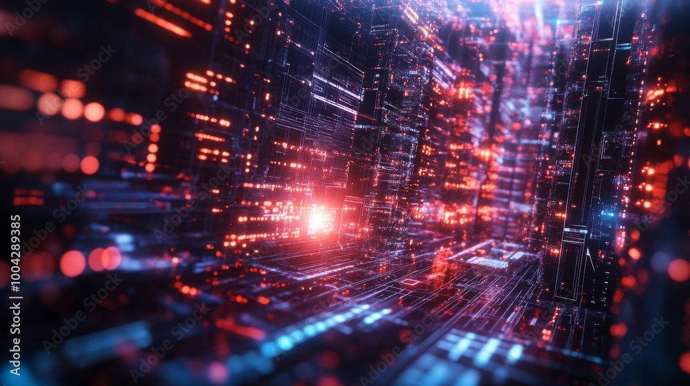 Poster A vibrant, digital landscape showcasing interconnected data streams with glowing lights, evoking a futuristic technology theme.