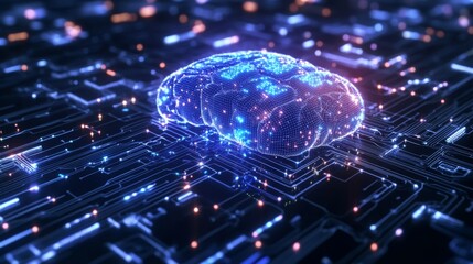 A futuristic digital representation of a brain hovering over a circuit board, symbolizing artificial intelligence and advanced technology.