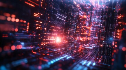 Obraz premium A vibrant, digital landscape showcasing interconnected data streams with glowing lights, evoking a futuristic technology theme.