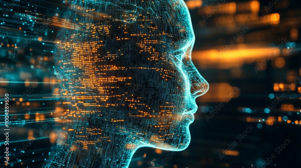 Poster a futuristic digital representation of a human head, with flowing data streams and vibrant colors su