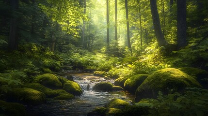 Fototapeta premium Tranquil forest clearing with sunlight filtering through the lush foliage moss covered rocks and a babbling brook creating a serene impressionist style atmosphere with a soft