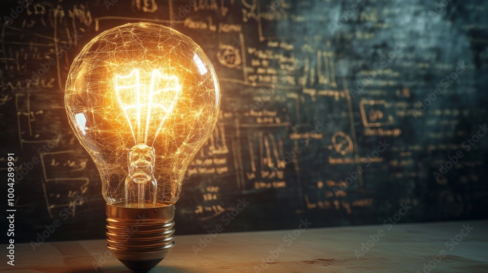 Poster a glowing light bulb against a dark background filled with mathematical equations, symbolizing creat