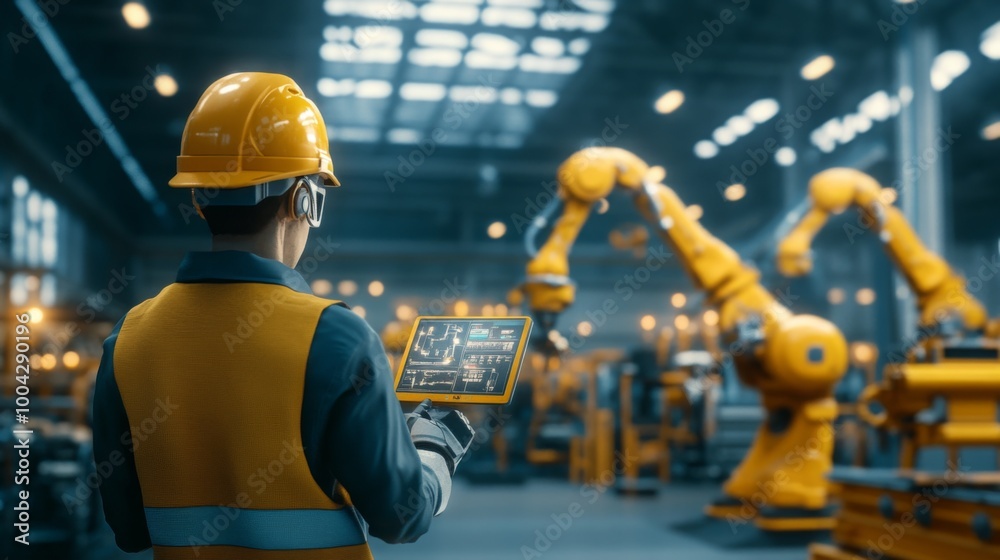 Poster a worker in a hard hat uses a tablet to monitor robotic arms in a modern industrial setting.