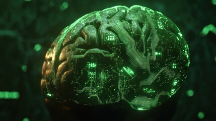 Obraz premium Side view of a brain with green circuitry glowing bright
