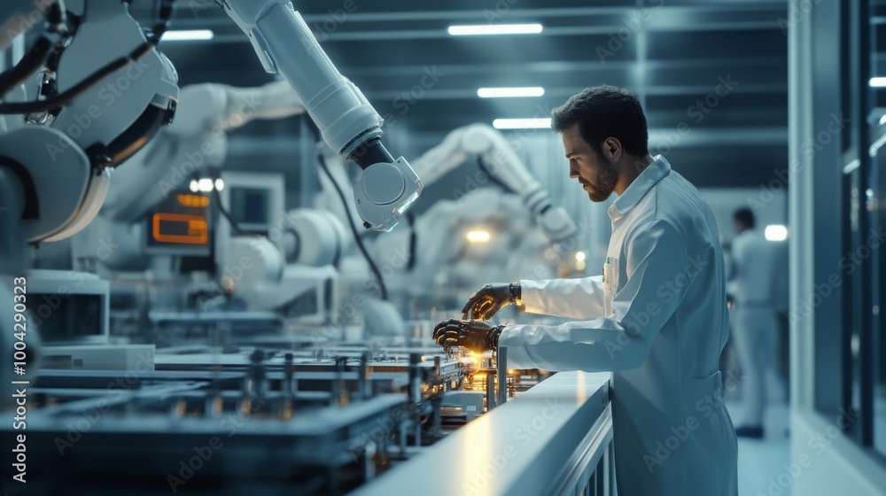 Poster a scientist in a lab coat works with robotic arms in a high-tech laboratory, focusing on precision t