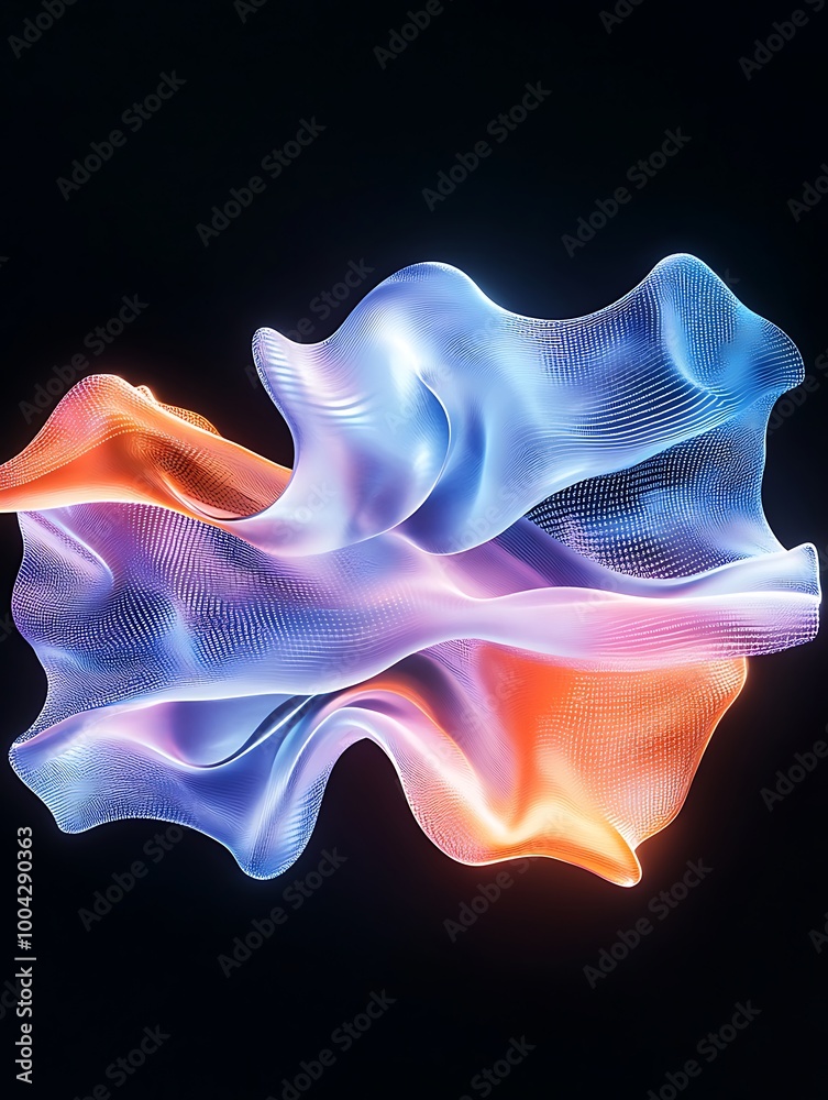 Poster abstract wave design with glowing blue and orange colors on a dark background, creating a dynamic vi