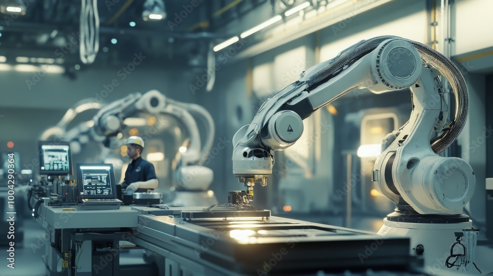 Aufkleber a futuristic industrial scene showcasing robotic arms working collaboratively in a factory environme
