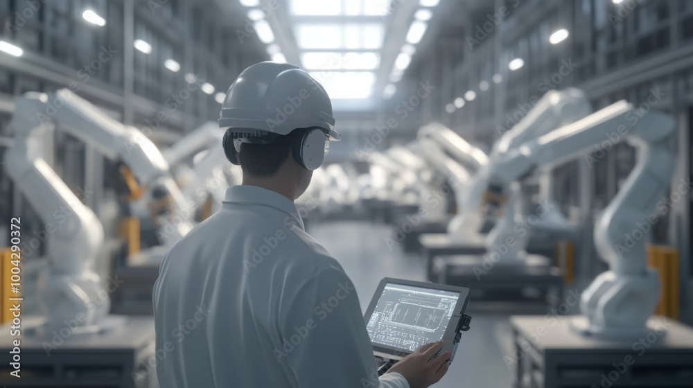 Leinwandbilder a technician supervises robotic arms in a modern factory, using a tablet to monitor operations and e