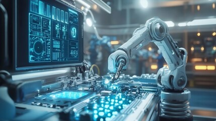 A futuristic robotic arm works on a high-tech control panel, showcasing advanced technology and intricate blueprints in a modern workspace.