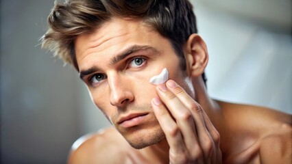 Fototapeta premium Young Man Contemplating Skincare Routine While Examining His Complexion