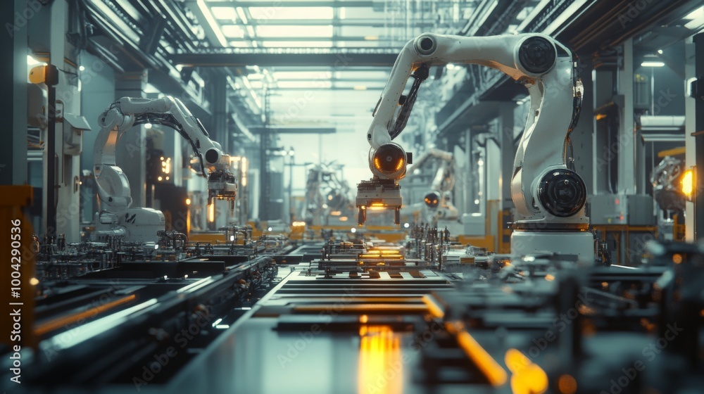 Poster a high-tech manufacturing facility featuring robotic arms engaged in automated production processes.