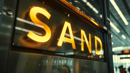 word "SAND" in big letters on a display at the airport