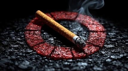 powerful no smoking sign featuring a defiant cigarette stuck in it boldly illustrating the message against smoking set on a strong contrasting background