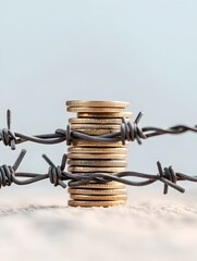 Coins Trapped Behind Barbed Wire Fence Symbolizing Financial Restrictions