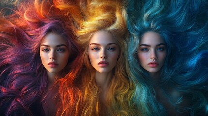 Obraz premium Three women with long hair in different colors