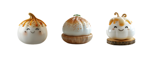  Cute cartoon Chinese steamed bun with smiling faces isolated on transparent background