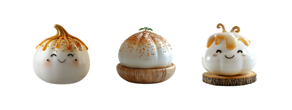 Cute cartoon Chinese steamed bun with smiling faces isolated on transparent background - Powered by Adobe