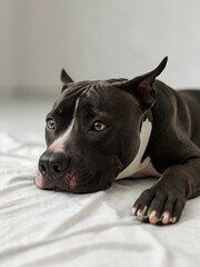 Black pit bull lying on a blanket