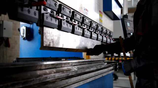 Man working with sheet metal on CNC hydraulic press brake. He puts the part and bends it into a large machine at an angle
