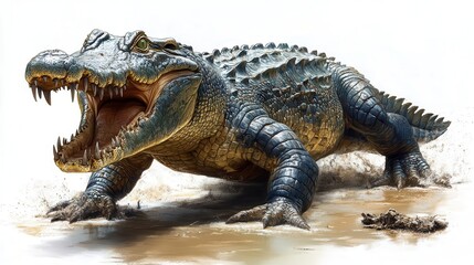 Naklejka premium prehistoric crocodile intricate scale detail menacing jaws primal power pose studio lighting isolated on stark white background