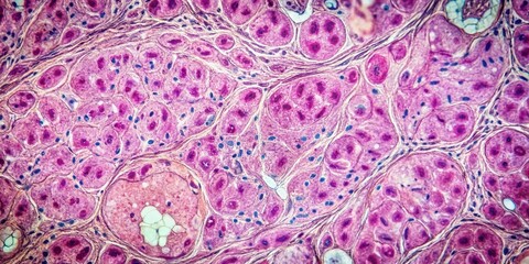 Medical stock photo of light microscope showing parenchymatous and fatty degeneration of liver pathology reflected