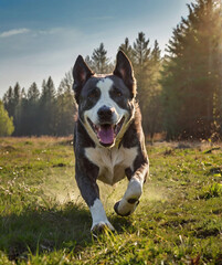 Black and white dog running across the field