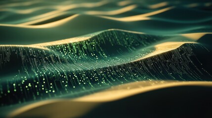 Elegant flowing digital waves with green luminescent grid