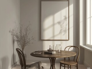 Fototapeta premium A table with two chairs and a vase of flowers