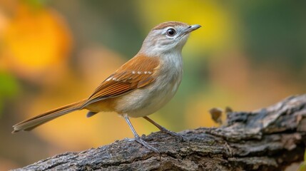 Fototapeta premium Small bird perched on a log in a forest setting