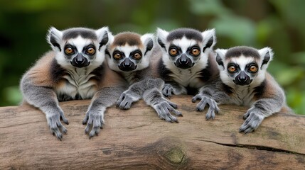 Fototapeta premium A group of playful ring-tailed lemurs enjoys climbing over tree trunks and wooden bars, eagerly reaching for food in a vibrant garden setting.