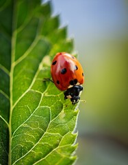 Fototapeta premium Ladybug on a green leaf