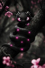 Black Dragon Wrapped Around Tree Branch with Pink Glowing Eyes