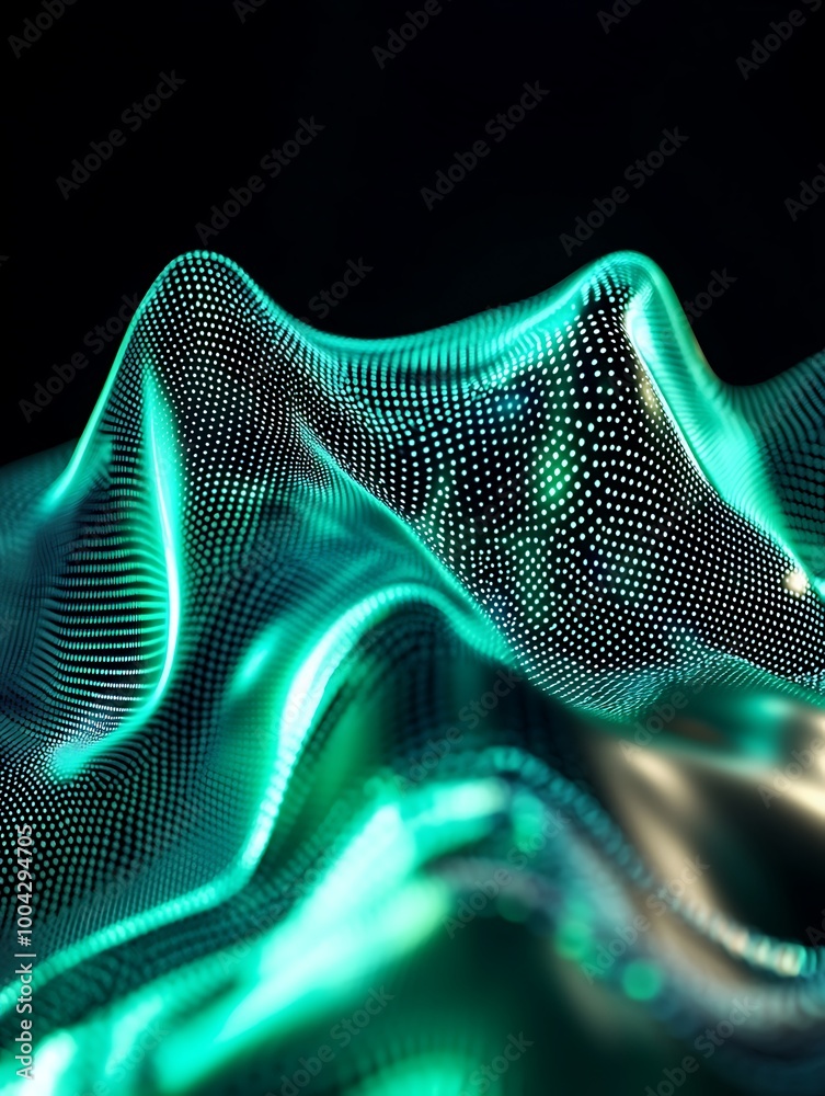 Poster abstract wave patterns in glowing turquoise and gold, creating a mesmerizing visual effect on a blac