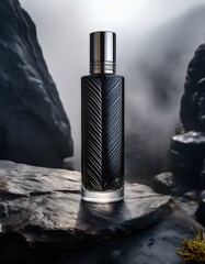 Black perfume bottle on rocks