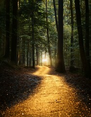 Fototapeta premium Golden Pathway Illuminated in Forest at Sunset