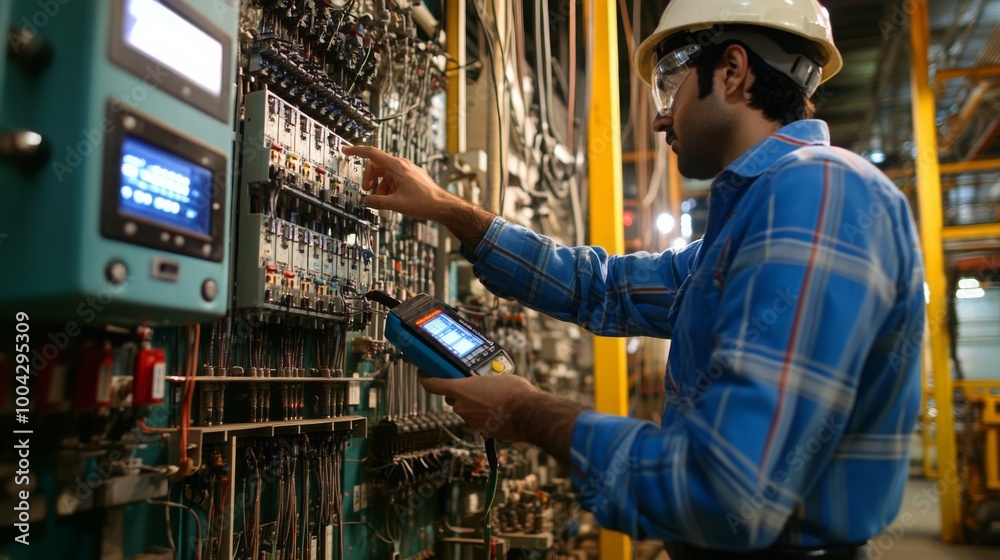 Leinwandbilder a technician operates machinery in a factory, checking controls and measurements using a handheld de