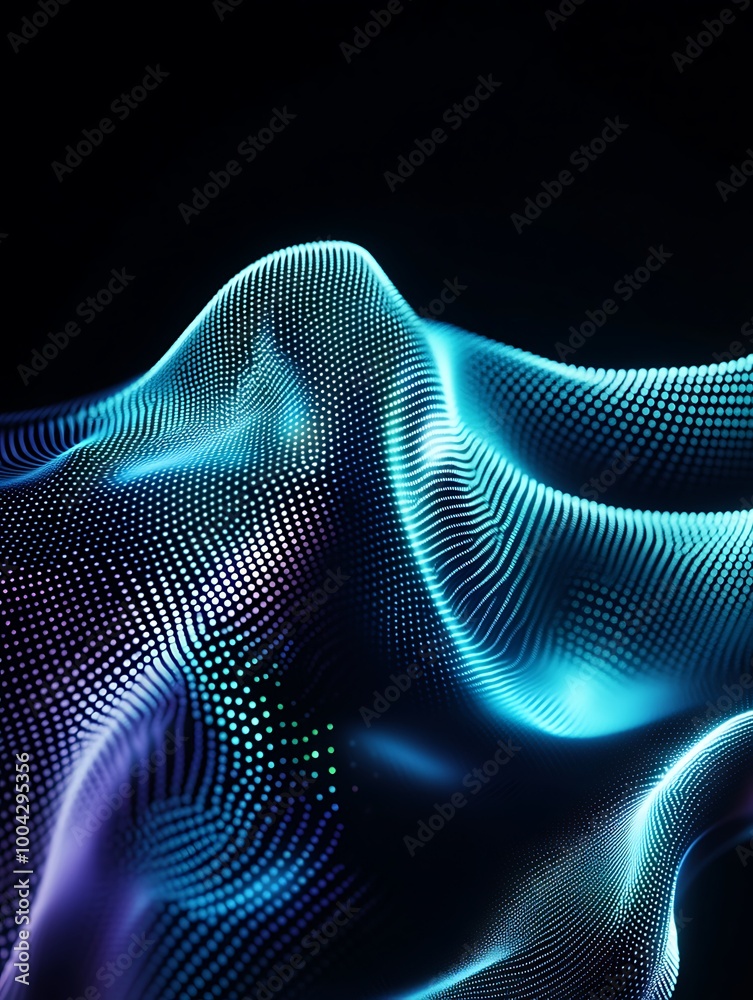 Poster abstract wave patterns with vibrant blue and green colors, creating a dynamic visual effect against 