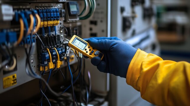 A technician using a digital multimeter to measure electrical parameters on a circuit board in an industrial control panel.