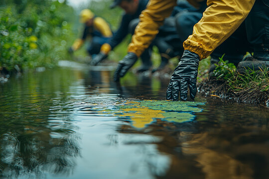 A group of volunteers cleaning up a local river, with a reflection of the world map in the water, emphasizing global water conservation through local efforts. - Powered by Adobe