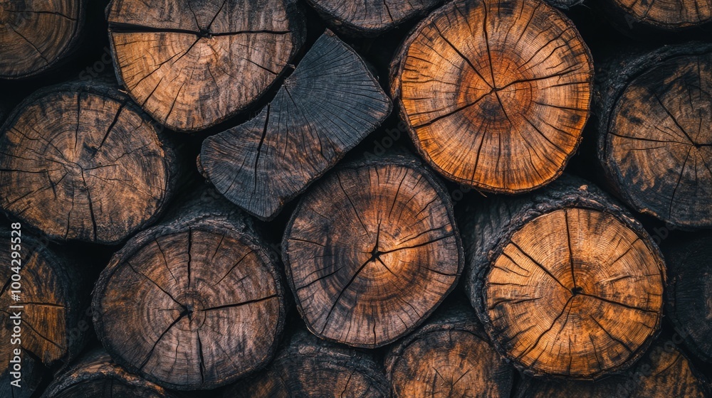Poster a close-up view of stacked wooden logs, showcasing their natural textures, rich colors, and unique p