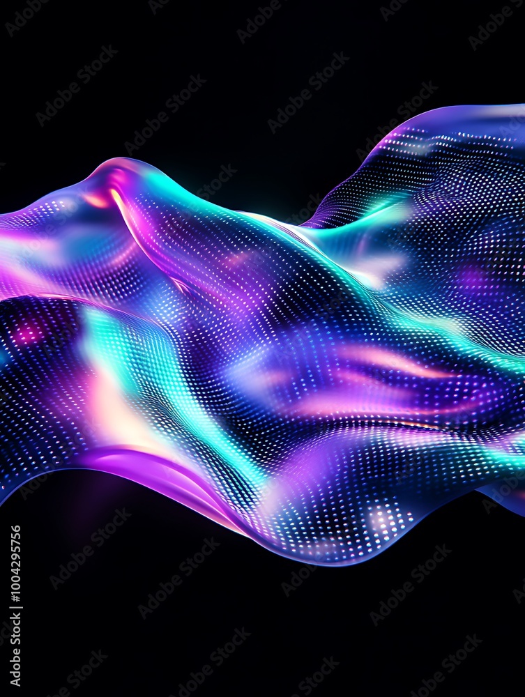 Poster abstract wave-like forms in vibrant colors creating a dynamic and modern visual effect, suitable for