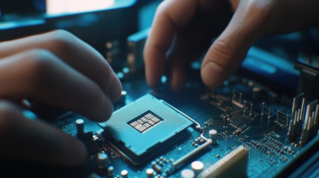 Electronics technician installing a processor chip, carefully positioning it on a motherboard inside a computer.