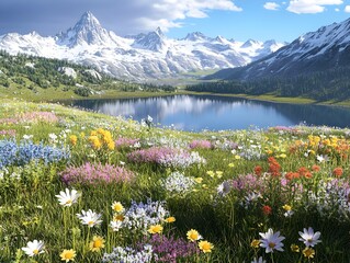 Breathtaking alpine vista featuring snow capped peaks a crystalline lake reflecting the surrounding wilderness and a carpet of vibrant wildflowers