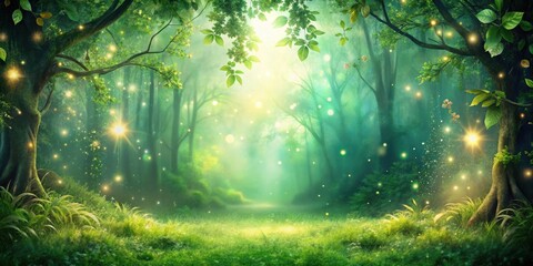 Fototapeta premium Enchanted Forest with Sparkling Green Leaves and Magical Ethereal Atmosphere