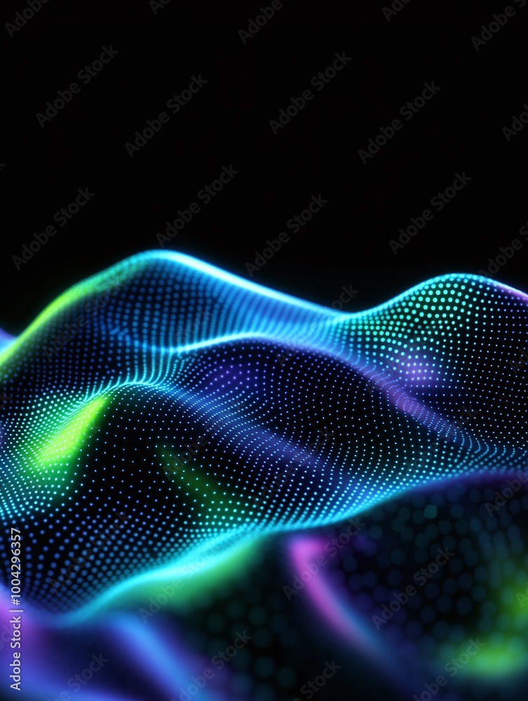 Poster abstract waves of neon colors, glowing patterns on a dark background, creating a mesmerizing and dyn